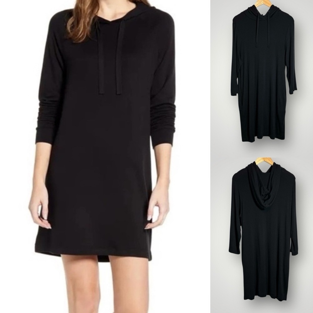 Lou & Grey Supersoft Hooded Shirt Dress Size Large Pockets Drawstring Stretch